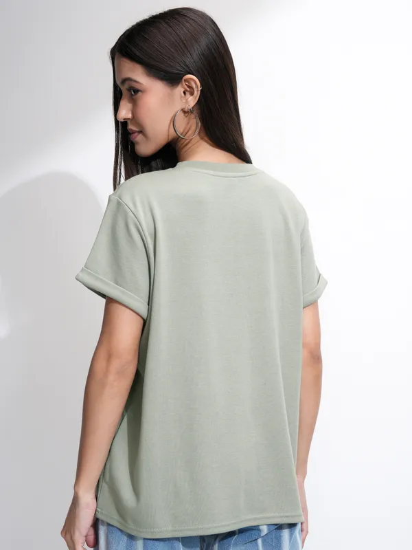 Tokyo Talkies Women Olive Printed Round Neck T-Shirt