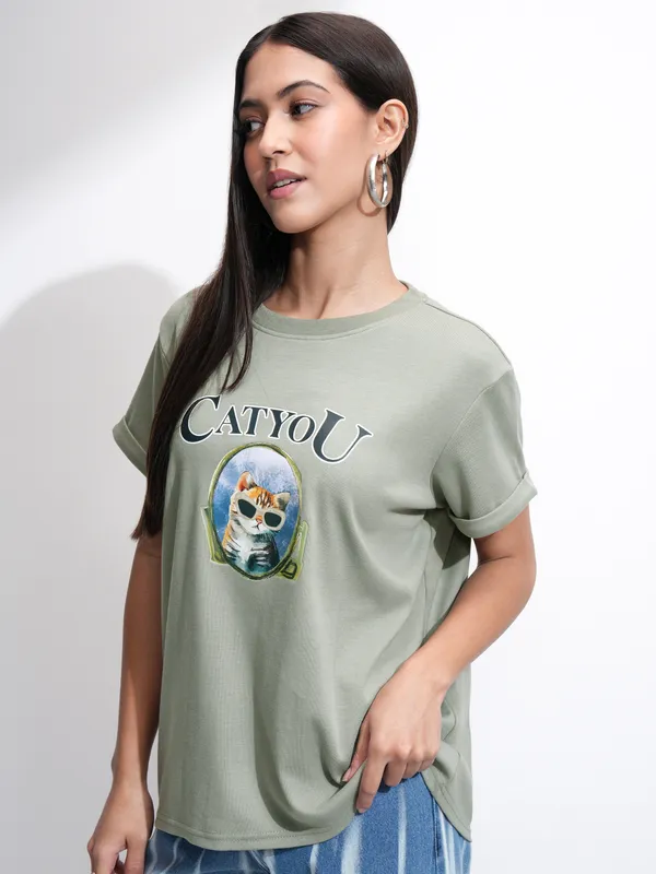 Tokyo Talkies Women Olive Printed Round Neck T-Shirt