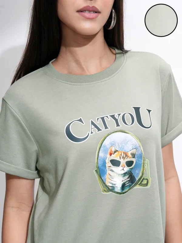 Tokyo Talkies Women Olive Printed Round Neck T-Shirt