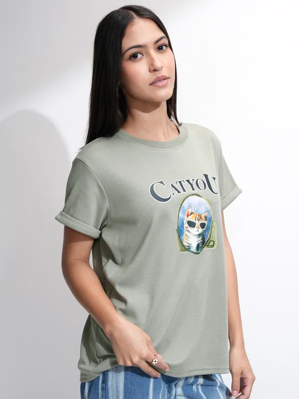 Tokyo Talkies Women Olive Printed Round Neck T-Shirt