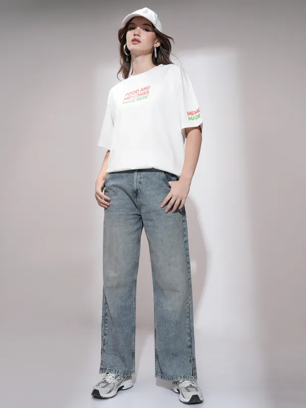 Tokyo Talkies Women White Printed Round Neck Oversized Fit T-Shirt