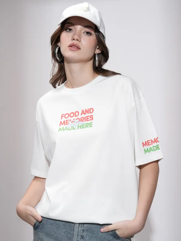 Tokyo Talkies Women White Printed Round Neck Oversized Fit T-Shirt
