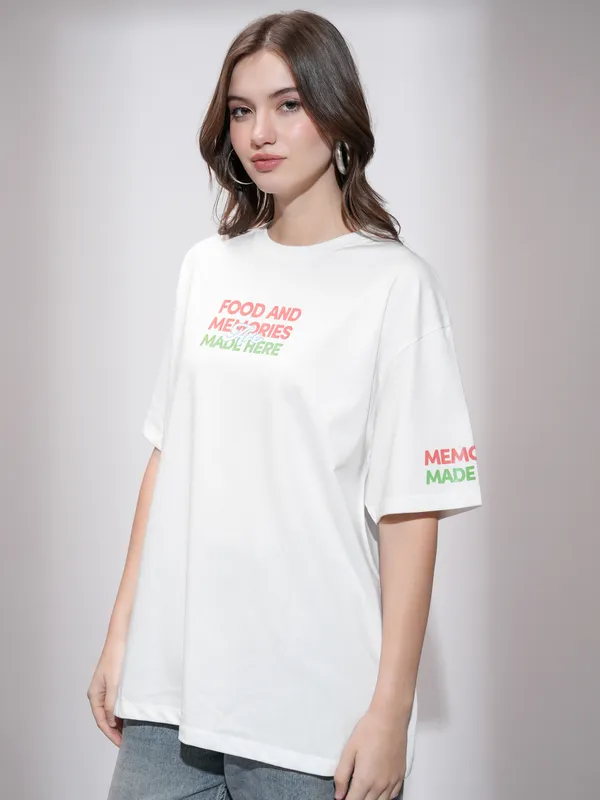 Tokyo Talkies Women White Printed Round Neck Oversized Fit T-Shirt