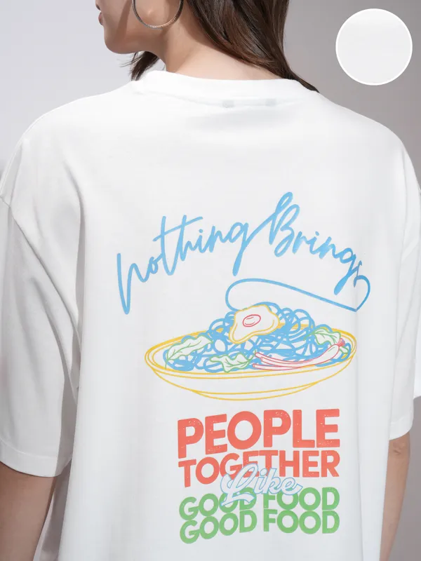 Tokyo Talkies Women White Printed Round Neck Oversized Fit T-Shirt