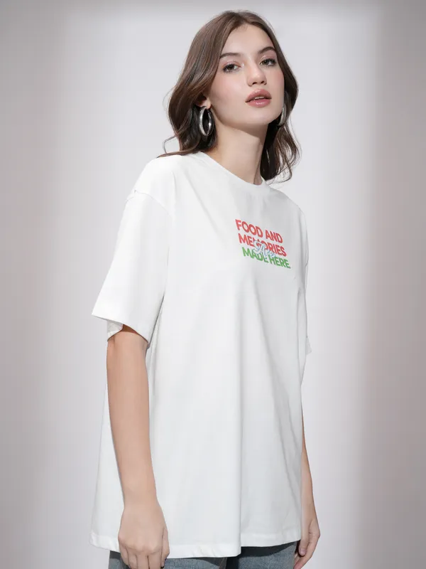 Tokyo Talkies Women White Printed Round Neck Oversized Fit T-Shirt