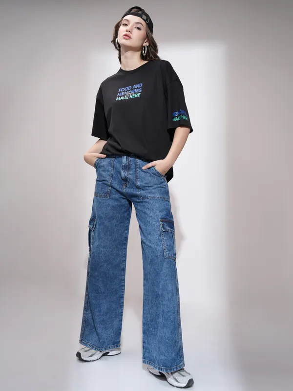 Tokyo Talkies Women Black Printed Round Neck Oversized Fit T-Shirt