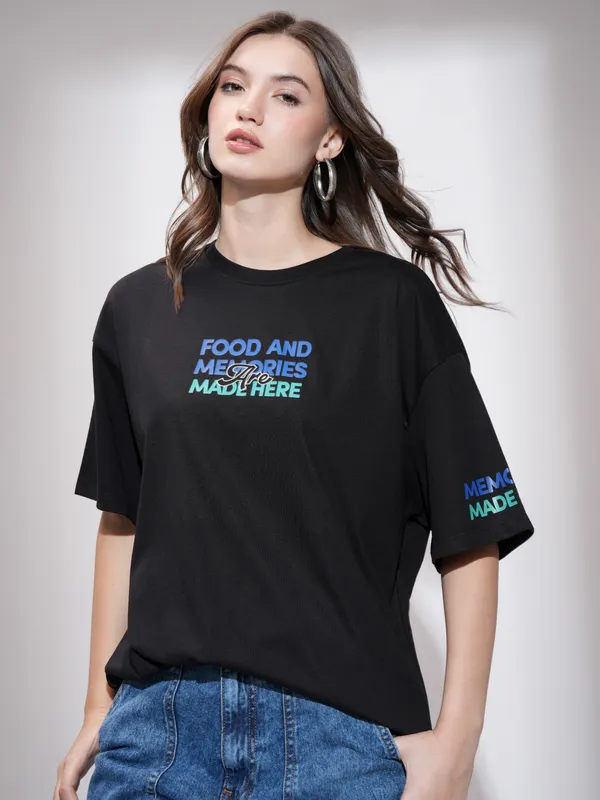Tokyo Talkies Women Black Printed Round Neck Oversized Fit T-Shirt