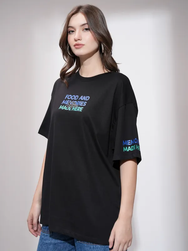 Tokyo Talkies Women Black Printed Round Neck Oversized Fit T-Shirt