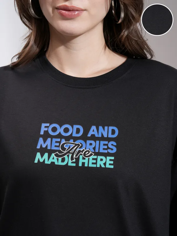 Tokyo Talkies Women Black Printed Round Neck Oversized Fit T-Shirt