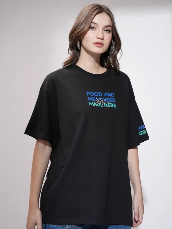 Tokyo Talkies Women Black Printed Round Neck Oversized Fit T-Shirt