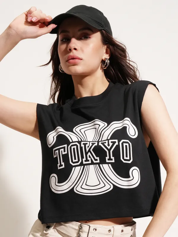 Tokyo Talkies Women Black Printed Round Neck T-Shirt