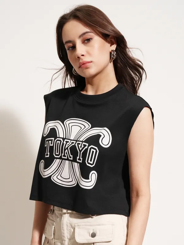 Tokyo Talkies Women Black Printed Round Neck T-Shirt