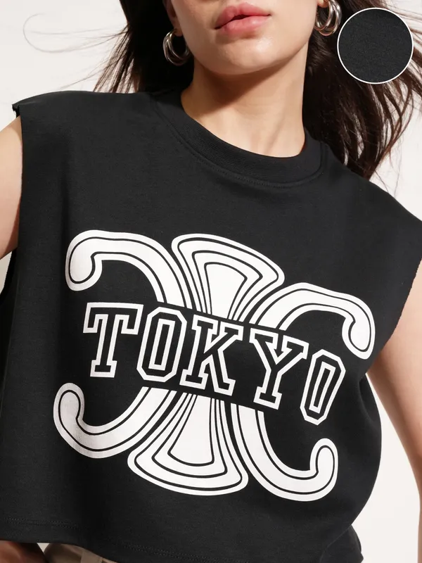 Tokyo Talkies Women Black Printed Round Neck T-Shirt