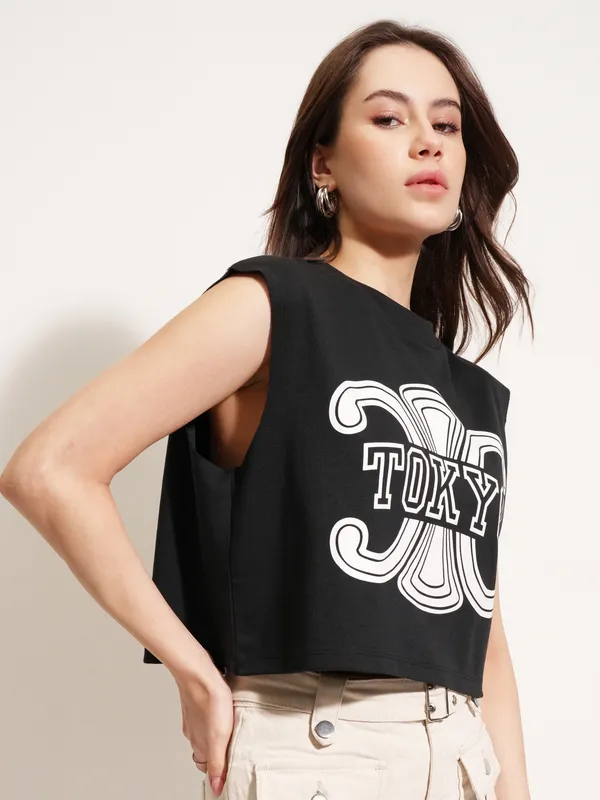 Tokyo Talkies Women Black Printed Round Neck T-Shirt