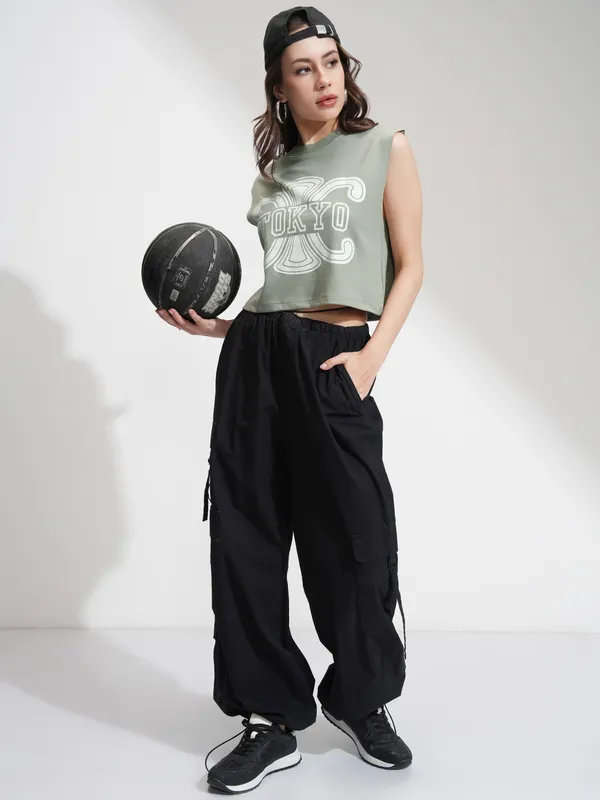 Tokyo Talkies Women Olive Printed Boxy T-Shirt