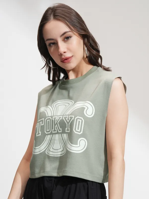 Tokyo Talkies Women Olive Printed Boxy T-Shirt