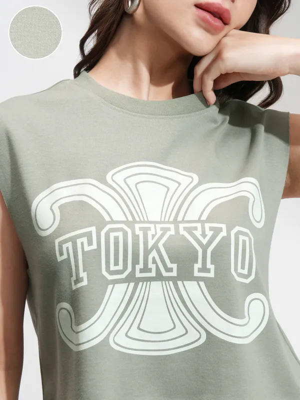 Tokyo Talkies Women Olive Printed Boxy T-Shirt