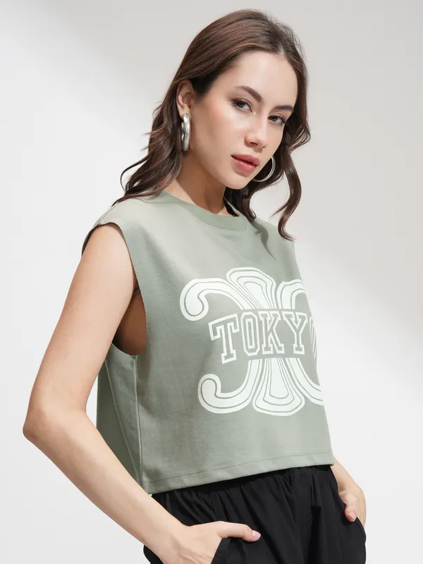 Tokyo Talkies Women Olive Printed Boxy T-Shirt