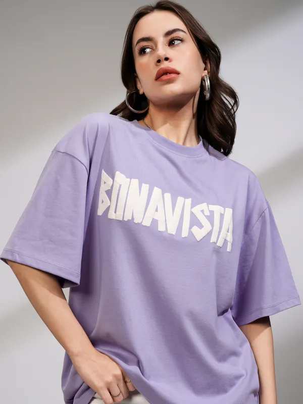 Tokyo Talkies Women Purple Printed Round Neck Oversized Fit T-Shirt