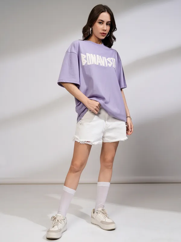 Tokyo Talkies Women Purple Printed Round Neck Oversized Fit T-Shirt
