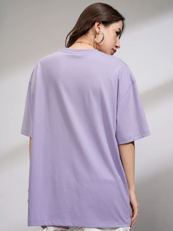 Tokyo Talkies Women Purple Printed Round Neck Oversized Fit T-Shirt