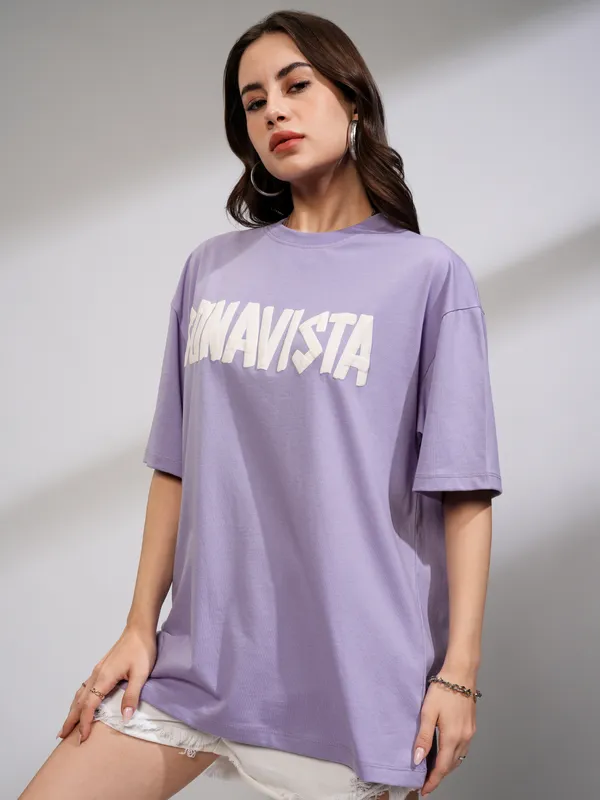 Tokyo Talkies Women Purple Printed Round Neck Oversized Fit T-Shirt