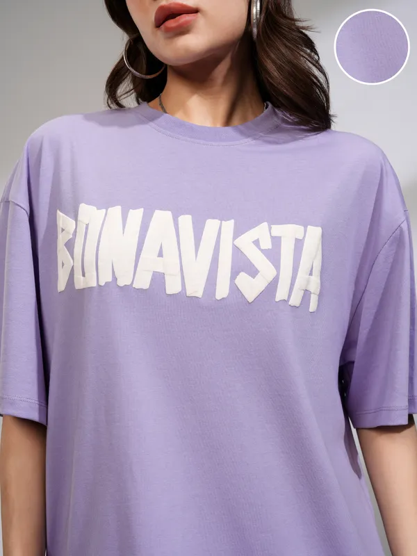 Tokyo Talkies Women Purple Printed Round Neck Oversized Fit T-Shirt