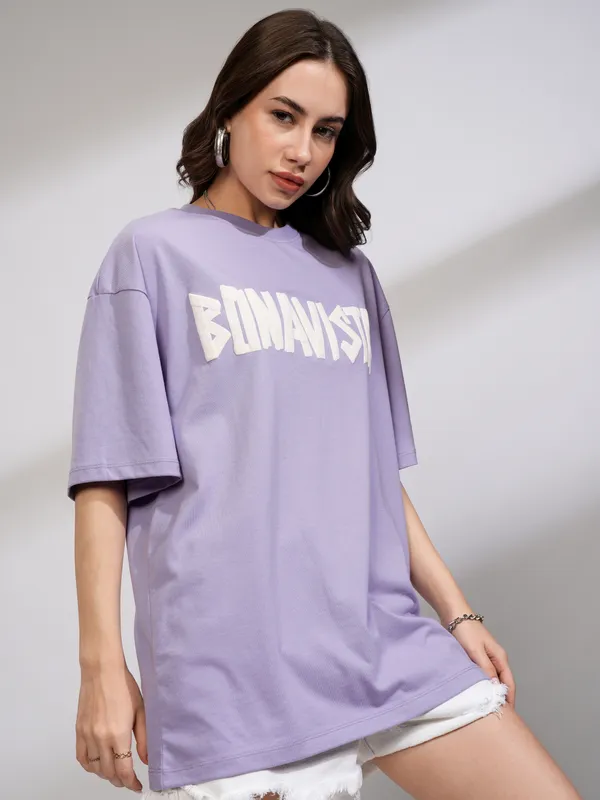 Tokyo Talkies Women Purple Printed Round Neck Oversized Fit T-Shirt