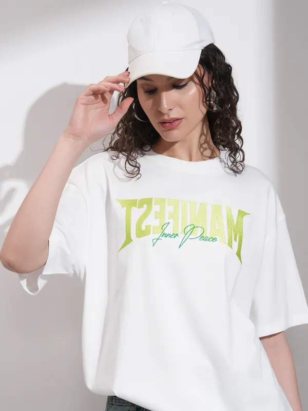 Tokyo Talkies Women White Embroidered Round Neck Oversized Fit T-Shirt