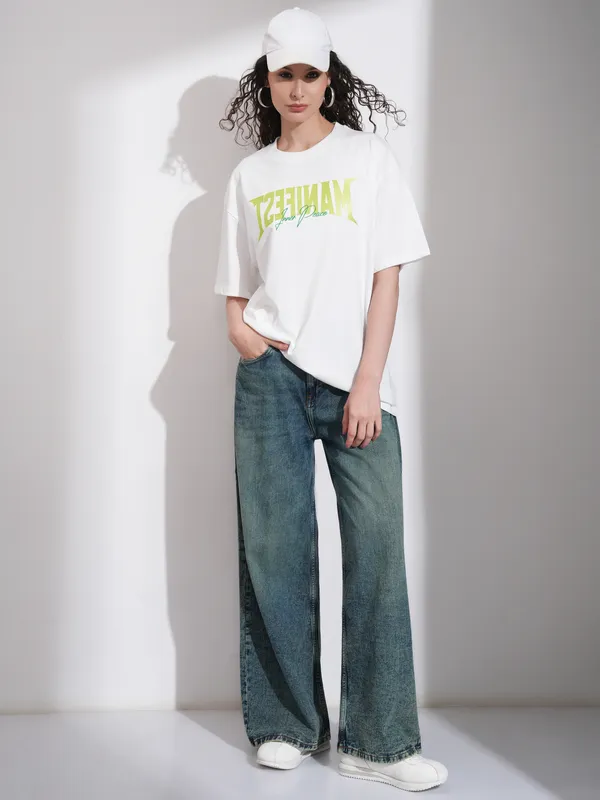Tokyo Talkies Women White Embroidered Round Neck Oversized Fit T-Shirt