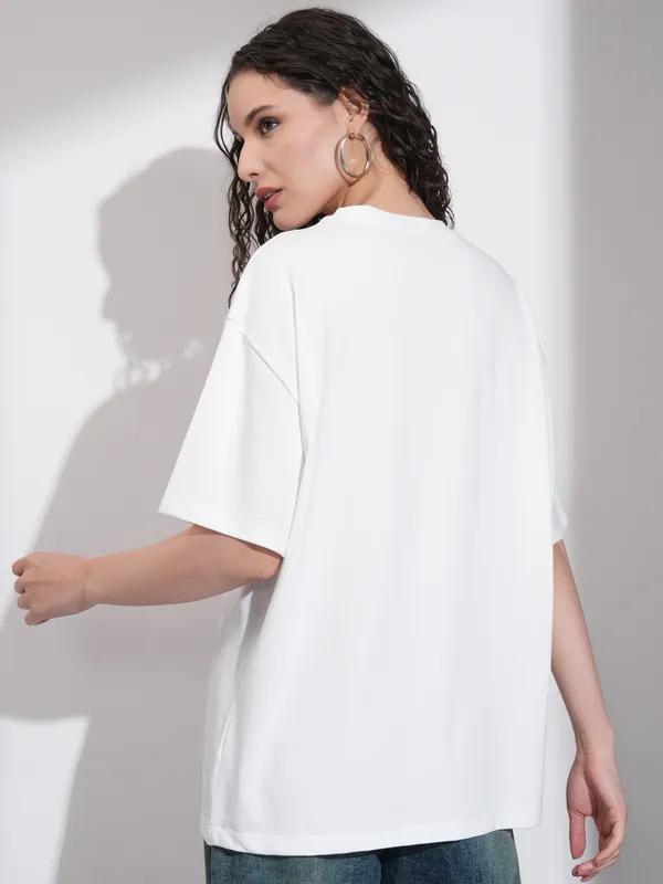 Tokyo Talkies Women White Embroidered Round Neck Oversized Fit T-Shirt