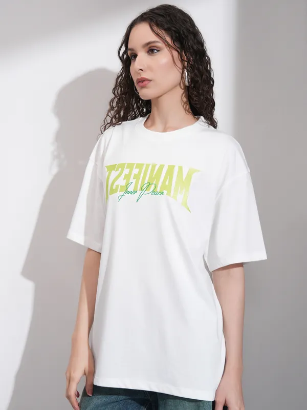 Tokyo Talkies Women White Embroidered Round Neck Oversized Fit T-Shirt