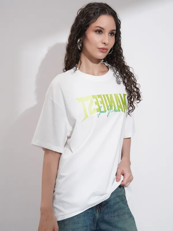 Tokyo Talkies Women White Embroidered Round Neck Oversized Fit T-Shirt
