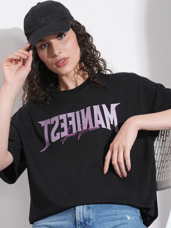 Tokyo Talkies Women Black Embroidered Round Neck Oversized Fit T-Shirt