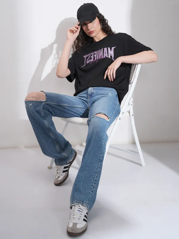 Tokyo Talkies Women Black Embroidered Round Neck Oversized Fit T-Shirt
