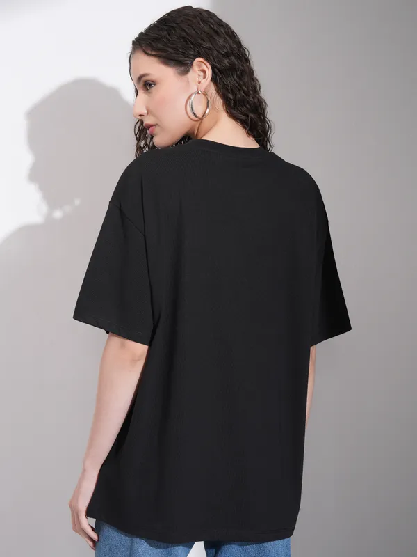 Tokyo Talkies Women Black Embroidered Round Neck Oversized Fit T-Shirt