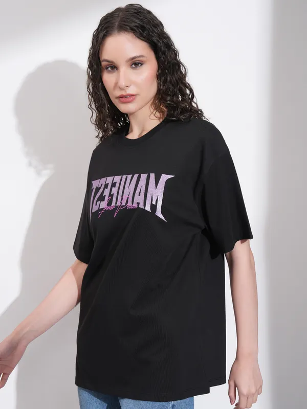 Tokyo Talkies Women Black Embroidered Round Neck Oversized Fit T-Shirt