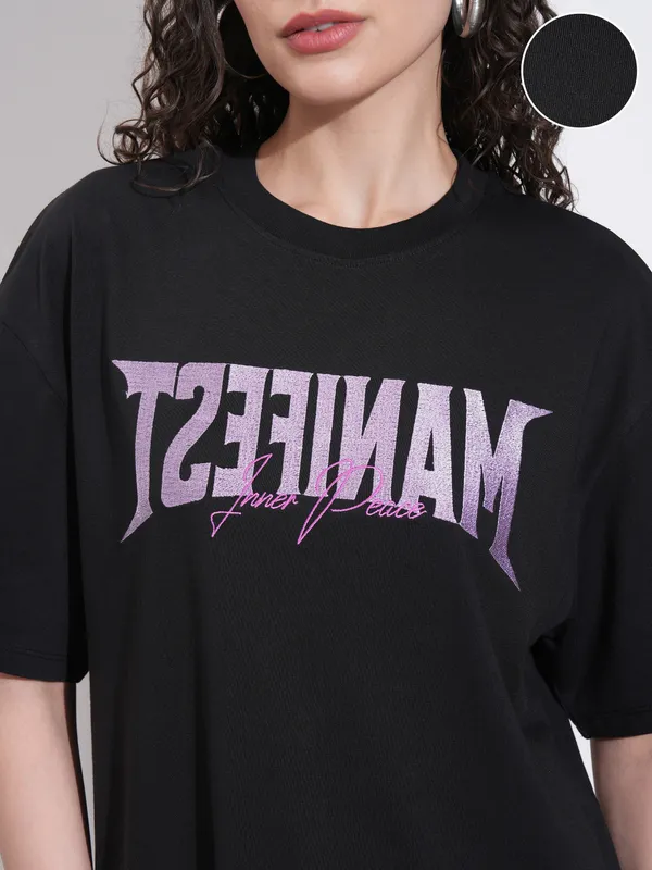 Tokyo Talkies Women Black Embroidered Round Neck Oversized Fit T-Shirt