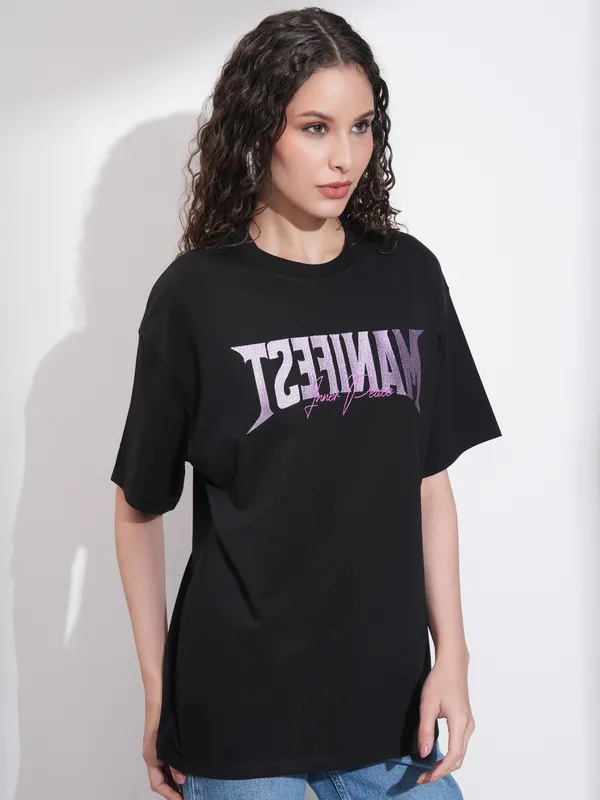 Tokyo Talkies Women Black Embroidered Round Neck Oversized Fit T-Shirt