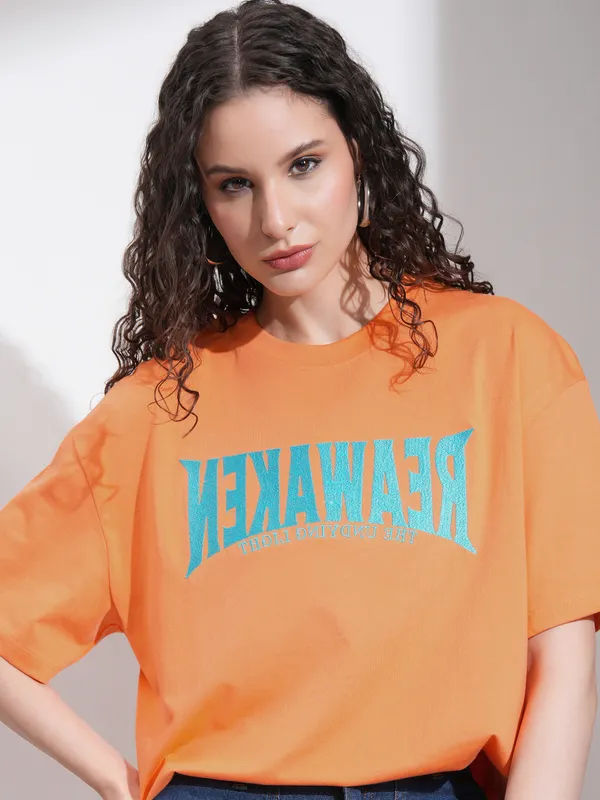 Tokyo Talkies Women Orange Embroidered Round Neck Oversized Fit T-Shirt
