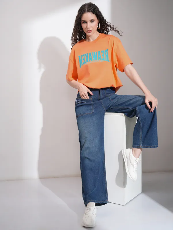 Tokyo Talkies Women Orange Embroidered Round Neck Oversized Fit T-Shirt