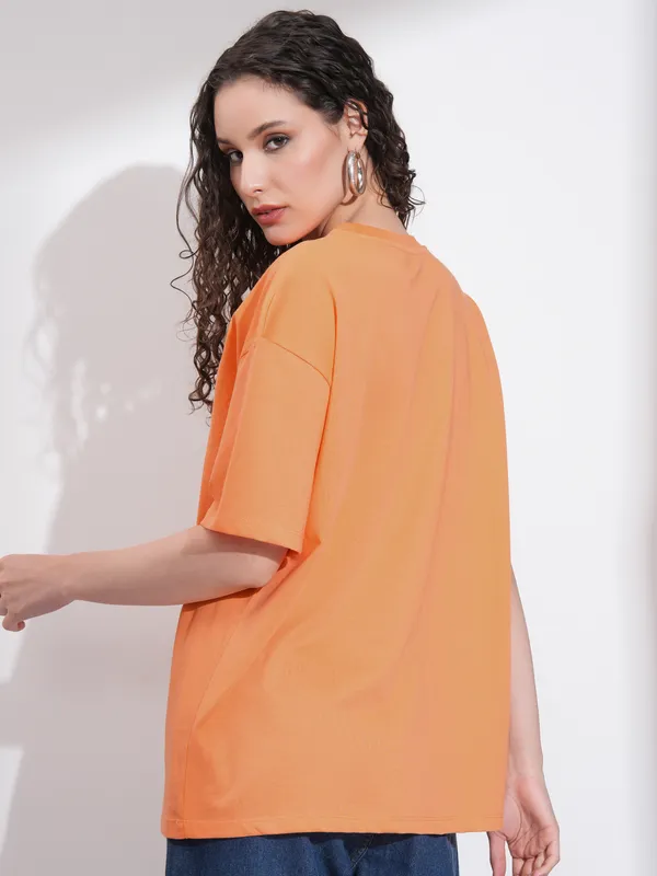 Tokyo Talkies Women Orange Embroidered Round Neck Oversized Fit T-Shirt