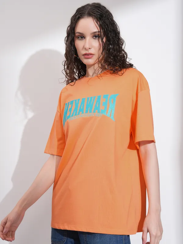 Tokyo Talkies Women Orange Embroidered Round Neck Oversized Fit T-Shirt