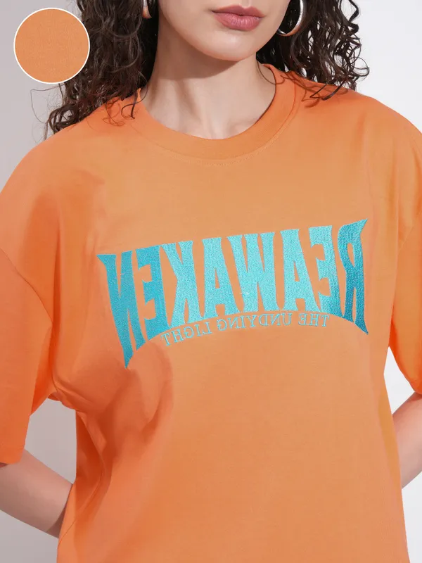 Tokyo Talkies Women Orange Embroidered Round Neck Oversized Fit T-Shirt