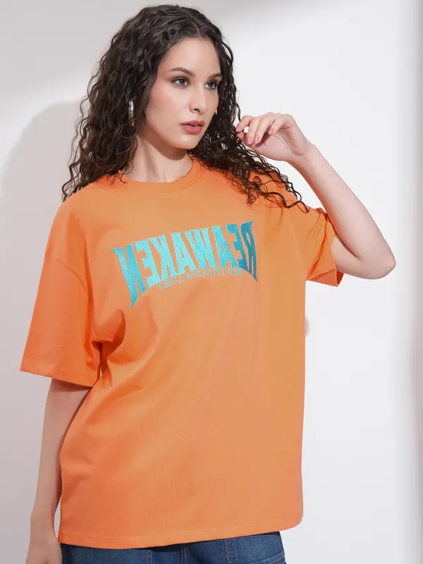 Tokyo Talkies Women Orange Embroidered Round Neck Oversized Fit T-Shirt