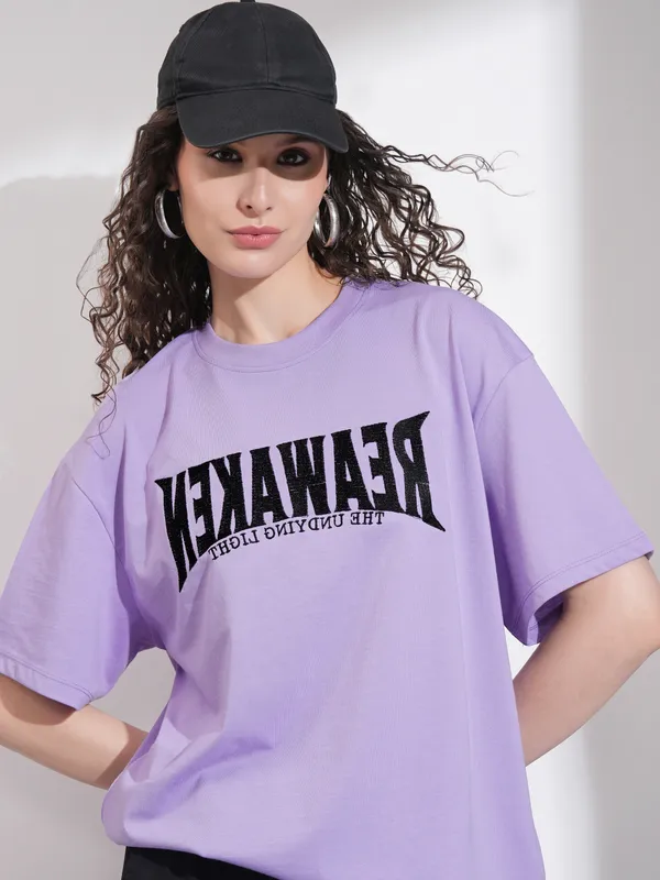 Tokyo Talkies Women Purple Embroidered Round Neck Oversized Fit T-Shirt