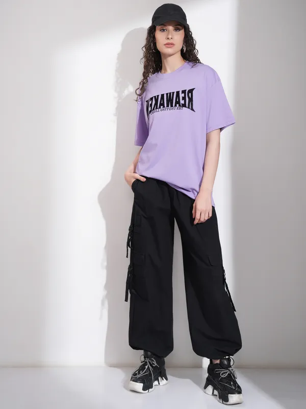 Tokyo Talkies Women Purple Embroidered Round Neck Oversized Fit T-Shirt