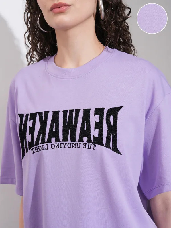 Tokyo Talkies Women Purple Embroidered Round Neck Oversized Fit T-Shirt