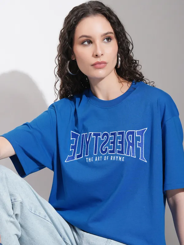 Tokyo Talkies Women Blue Embroidered Round Neck Oversized Fit T-Shirt