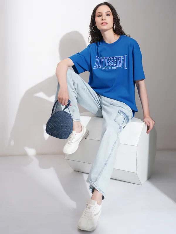 Tokyo Talkies Women Blue Embroidered Round Neck Oversized Fit T-Shirt